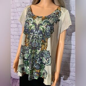 Women’s sheer light taupe with floral design top. Brand: One World Size: 1X